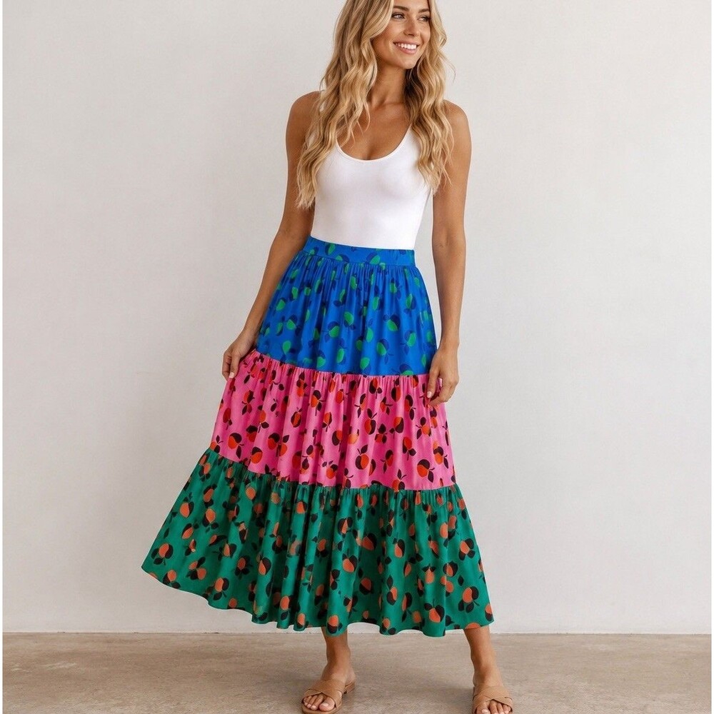 Kate Spade New York Skirt Size 10 Fruit Print Tiered Cotton Maxi Colorblock